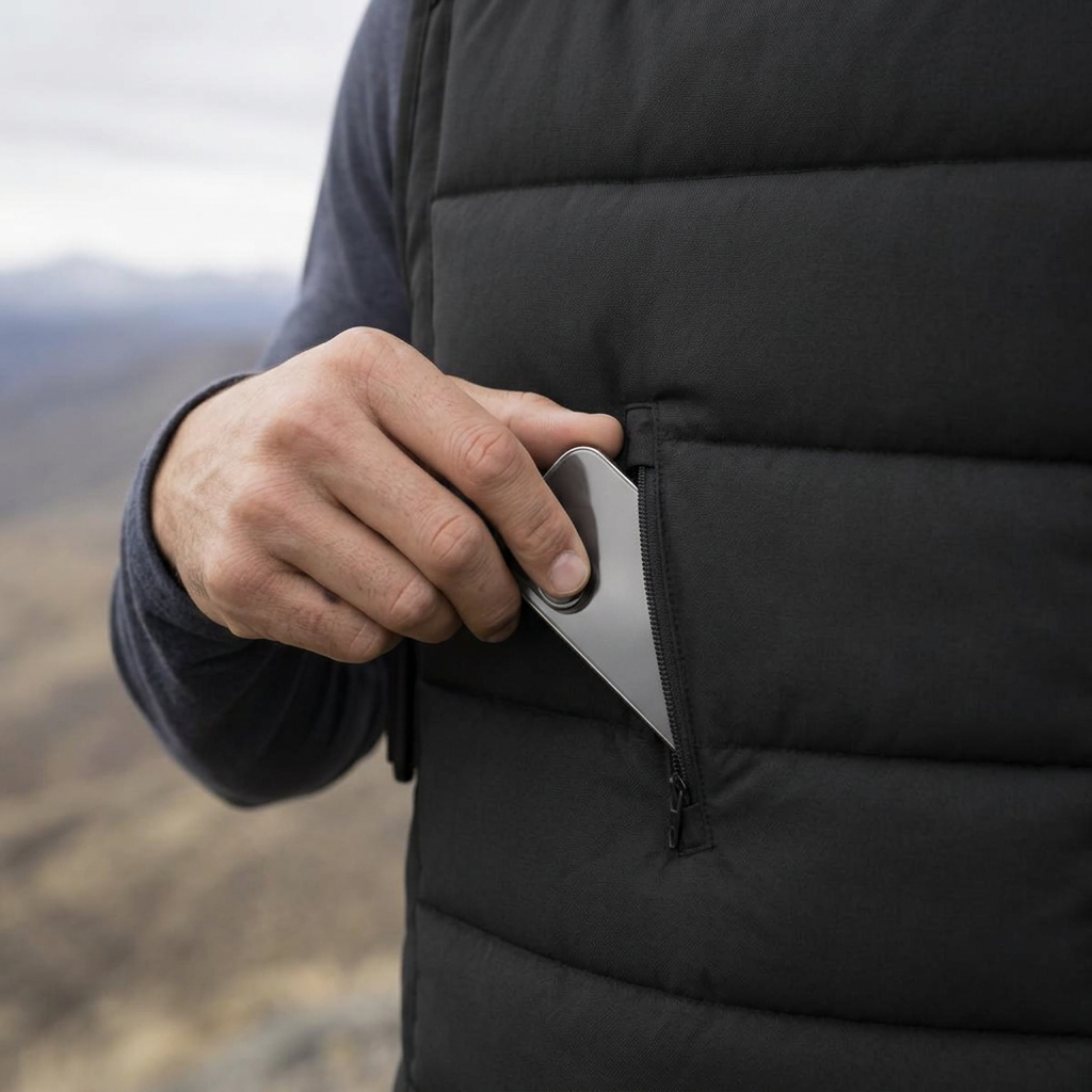 Close-up of the WALK 4 zip pocket holding a phone